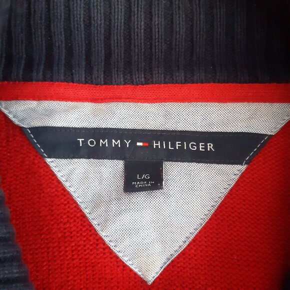 Tommy Hilfiger SZ L Red Full Zip Cotton Mock Turtleneck Cardigan w/ Navy Stripes - Picture 6 of 16